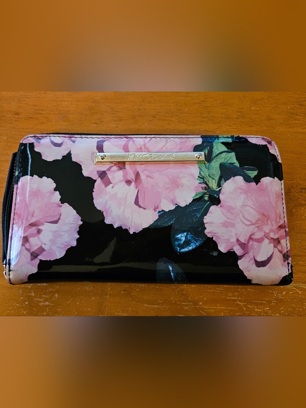 Betsey Johnson Black Patent Zip-Around Wallet